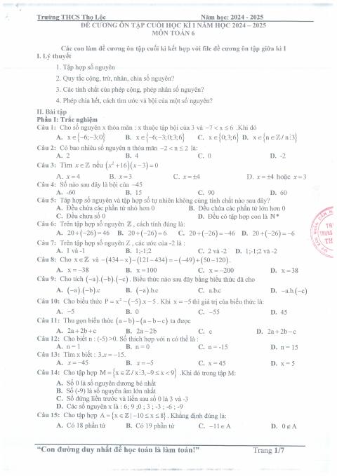 Đề cương học kì 1 Toán 6 năm 2024 – 2025 trường THCS Thọ Lộc – Hà Nội